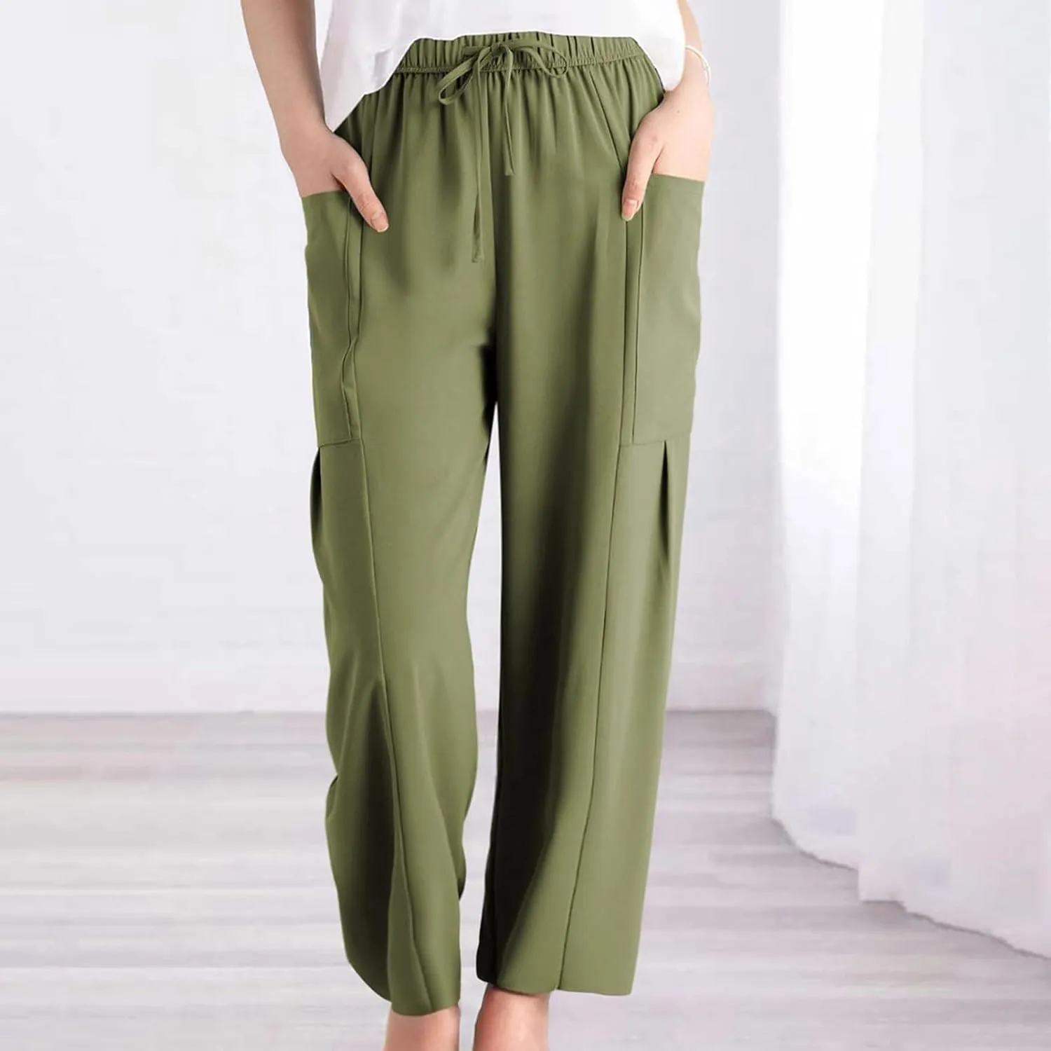 fanmpghleoo Women's Linen Pants Summer Casual Loose Drawstring High Waist Wide Leg Capri Palazzo Pants Trousers with Pockets