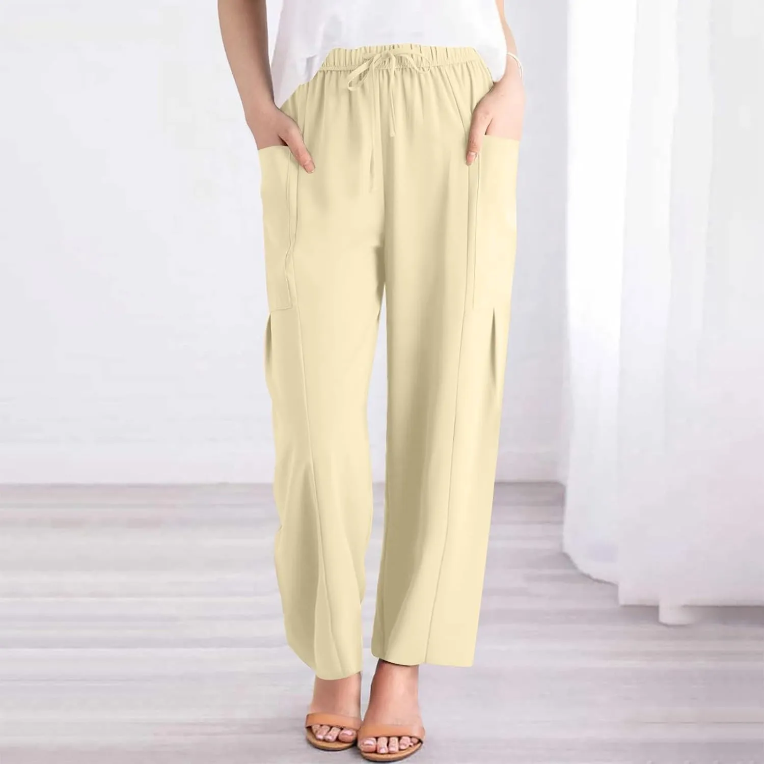 fanmpghleoo Women's Linen Pants Summer Casual Loose Drawstring High Waist Wide Leg Capri Palazzo Pants Trousers with Pockets