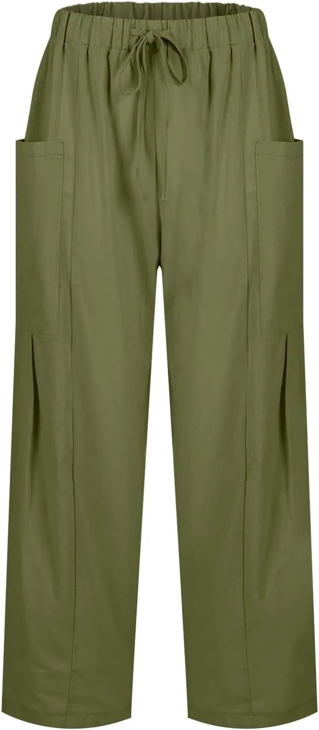 fanmpghleoo Women's Linen Pants Summer Casual Loose Drawstring High Waist Wide Leg Capri Palazzo Pants Trousers with Pockets