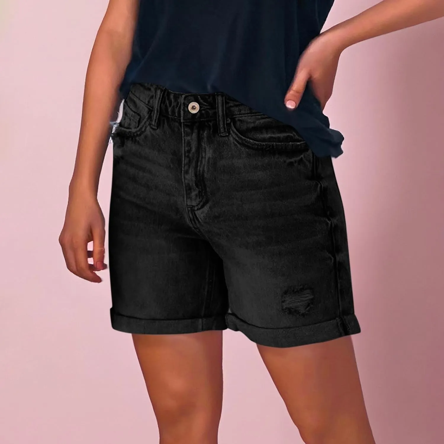 Fashion Denim Shorts for Women High Waisted Folded Hem Ripped Short Jean Button Front Relaxed Fit Bottoms with Pocket