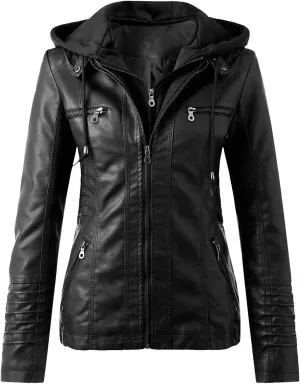 Faux Leather Jacket for Women Drawstring Zipper Pocket Long Sleeve Detachable Hood Slim Fit Motorcycle Biker Coat Top
