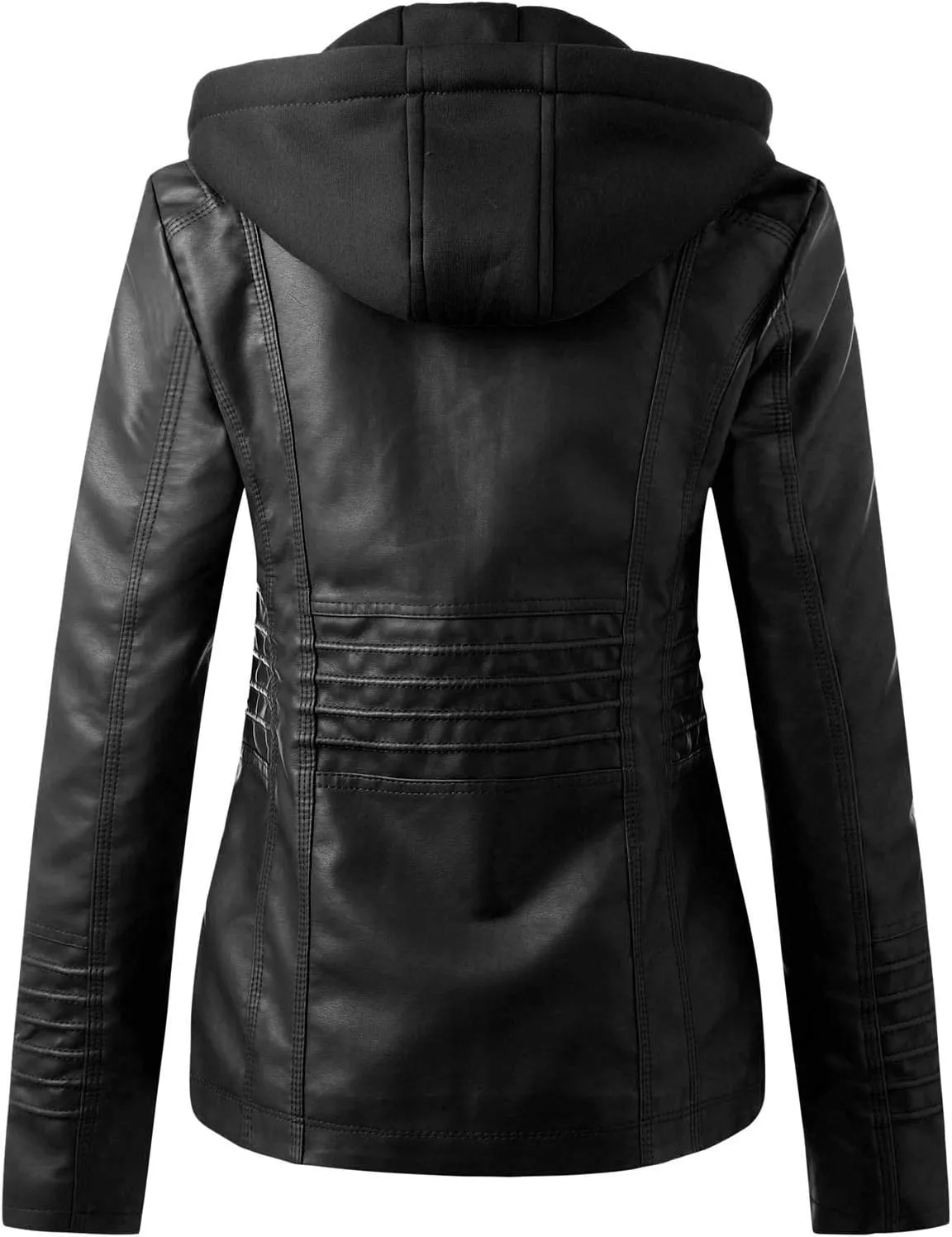 Faux Leather Jacket for Women Drawstring Zipper Pocket Long Sleeve Detachable Hood Slim Fit Motorcycle Biker Coat Top