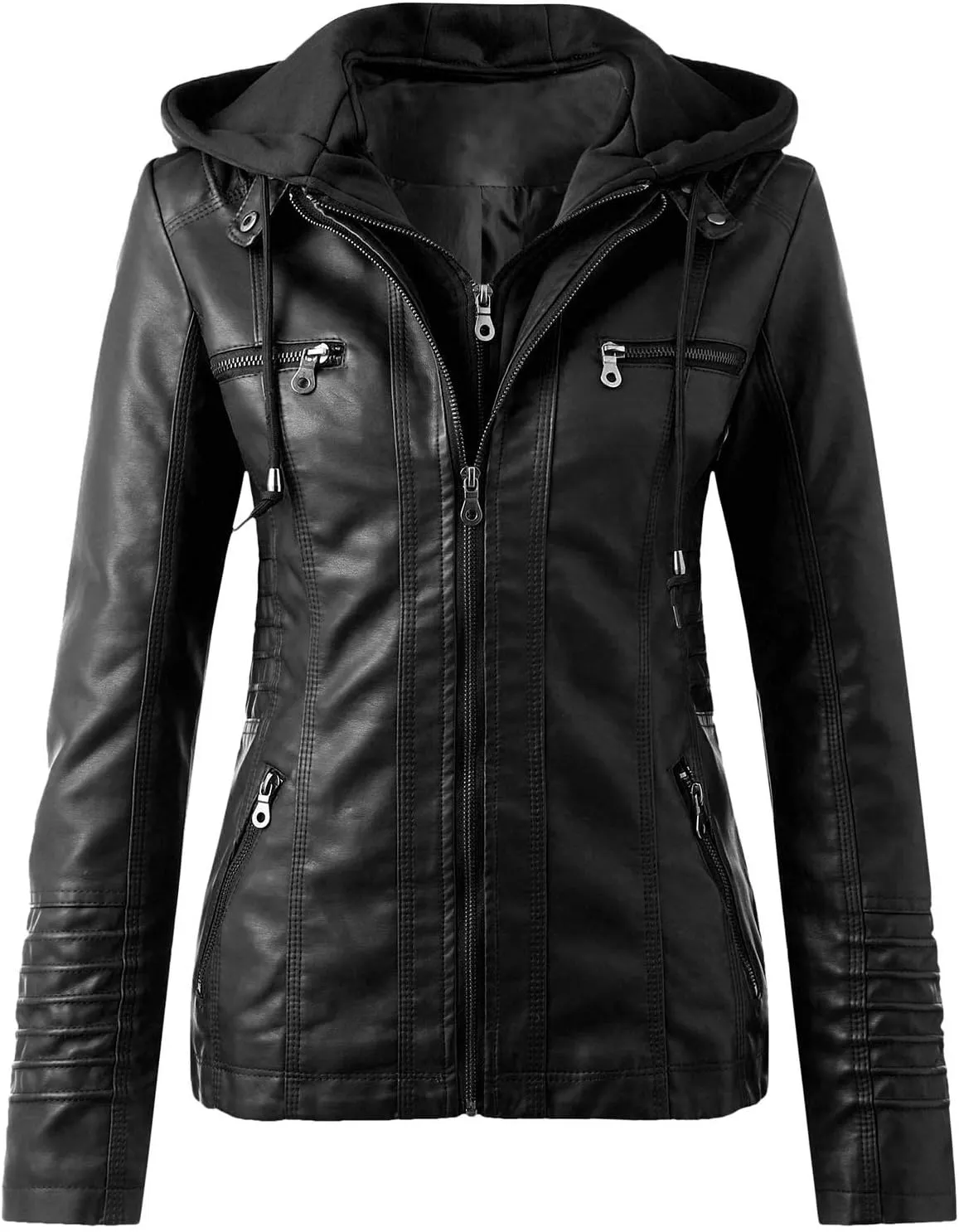 Faux Leather Jacket for Women Drawstring Zipper Pocket Long Sleeve Detachable Hood Slim Fit Motorcycle Biker Coat Top
