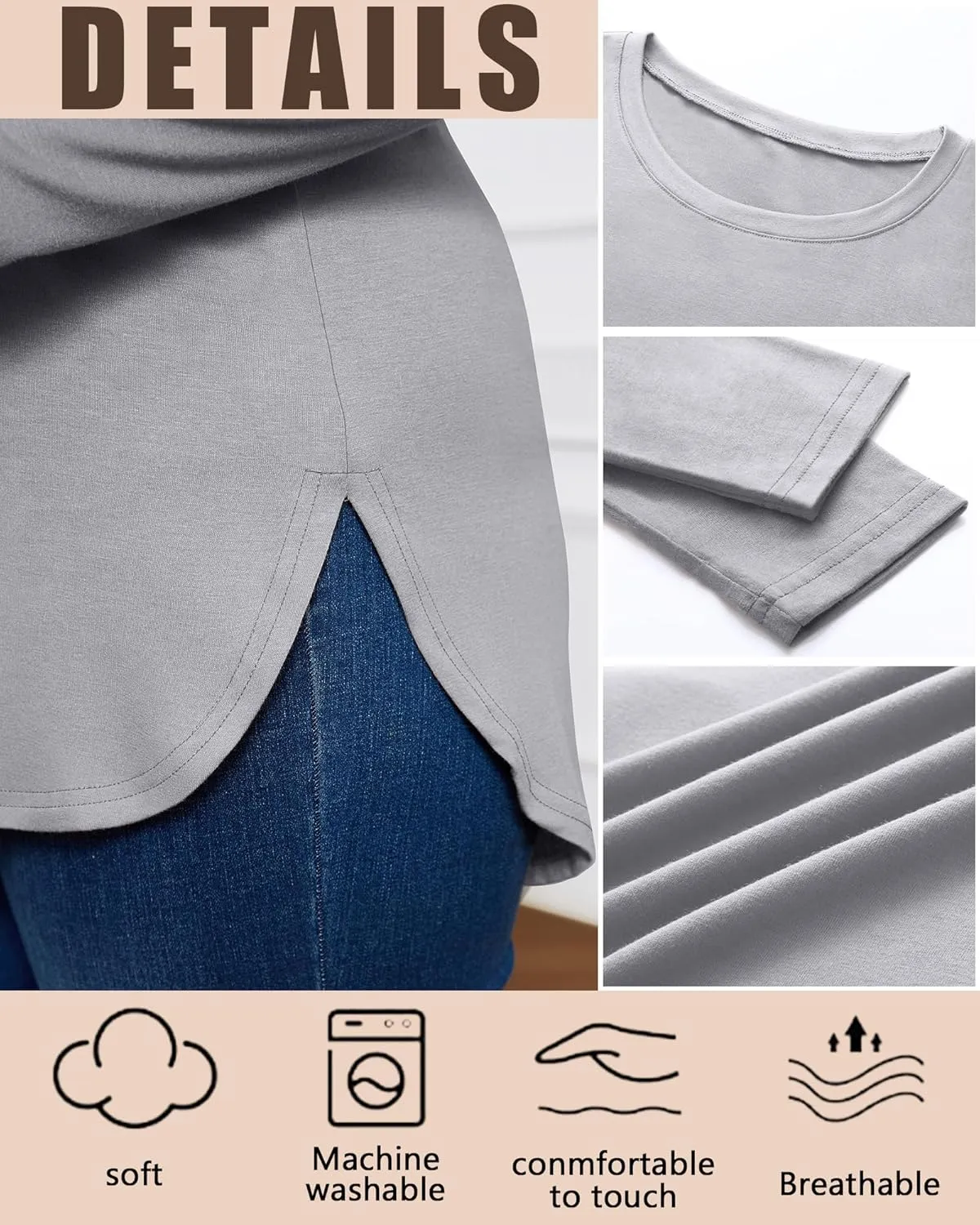 Ficerd 3 Pack Women's Plus Size Long Sleeve Tunic Tops Crewneck Loose Shirts Casual Curved Hem Side Split Basic Tee