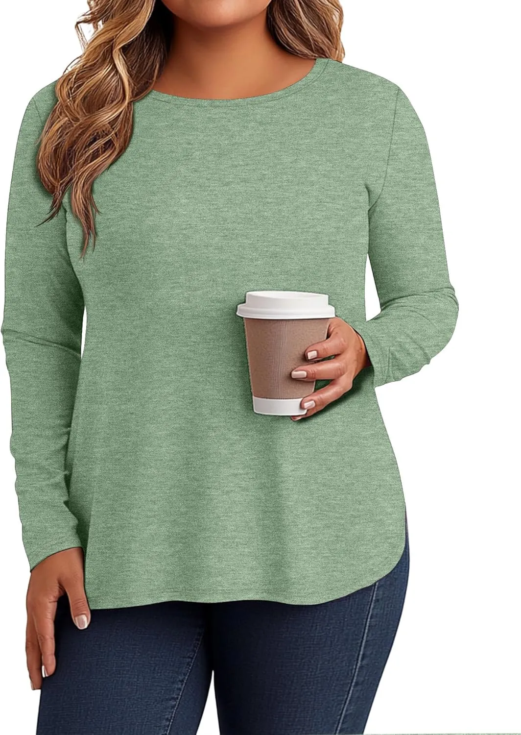 Ficerd 3 Pack Women's Plus Size Long Sleeve Tunic Tops Crewneck Loose Shirts Casual Curved Hem Side Split Basic Tee