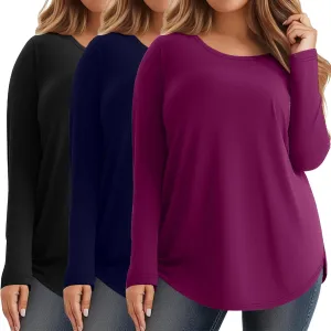 Ficerd 3 Pack Women's Plus Size Long Sleeve Tunic Tops Crewneck Loose Shirts Casual Curved Hem Side Split Basic Tee