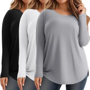 Ficerd 3 Pack Women's Plus Size Long Sleeve Tunic Tops Crewneck Loose Shirts Casual Curved Hem Side Split Basic Tee