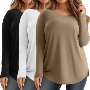 Ficerd 3 Pack Women's Plus Size Long Sleeve Tunic Tops Crewneck Loose Shirts Casual Curved Hem Side Split Basic Tee