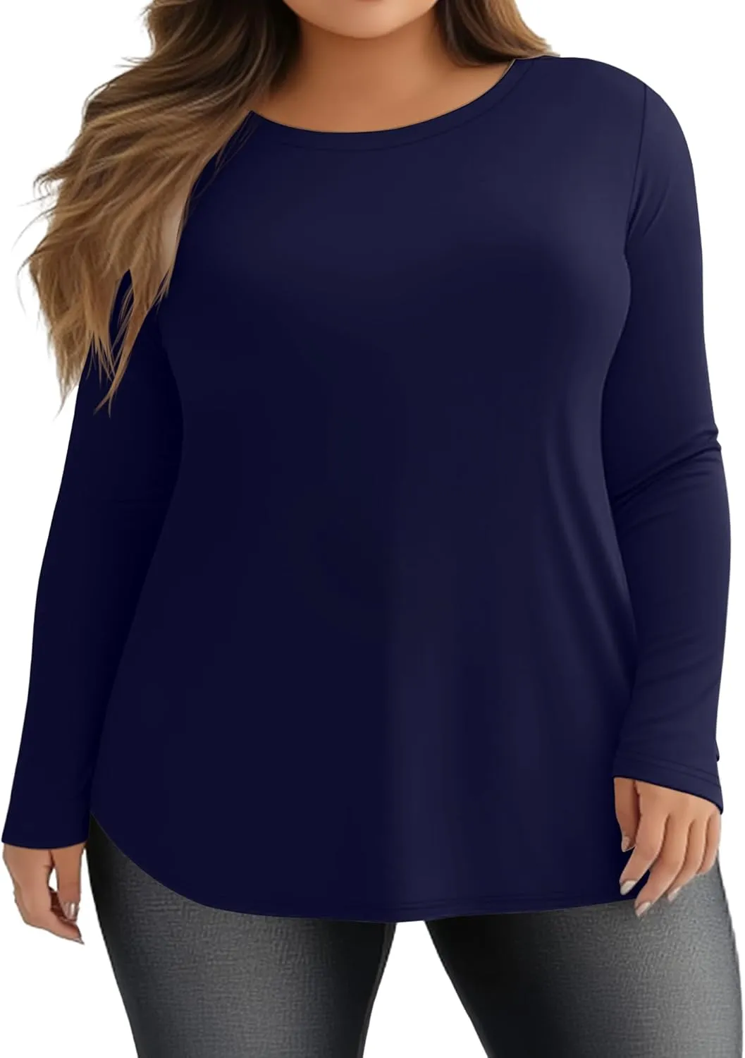 Ficerd 3 Pack Women's Plus Size Long Sleeve Tunic Tops Crewneck Loose Shirts Casual Curved Hem Side Split Basic Tee