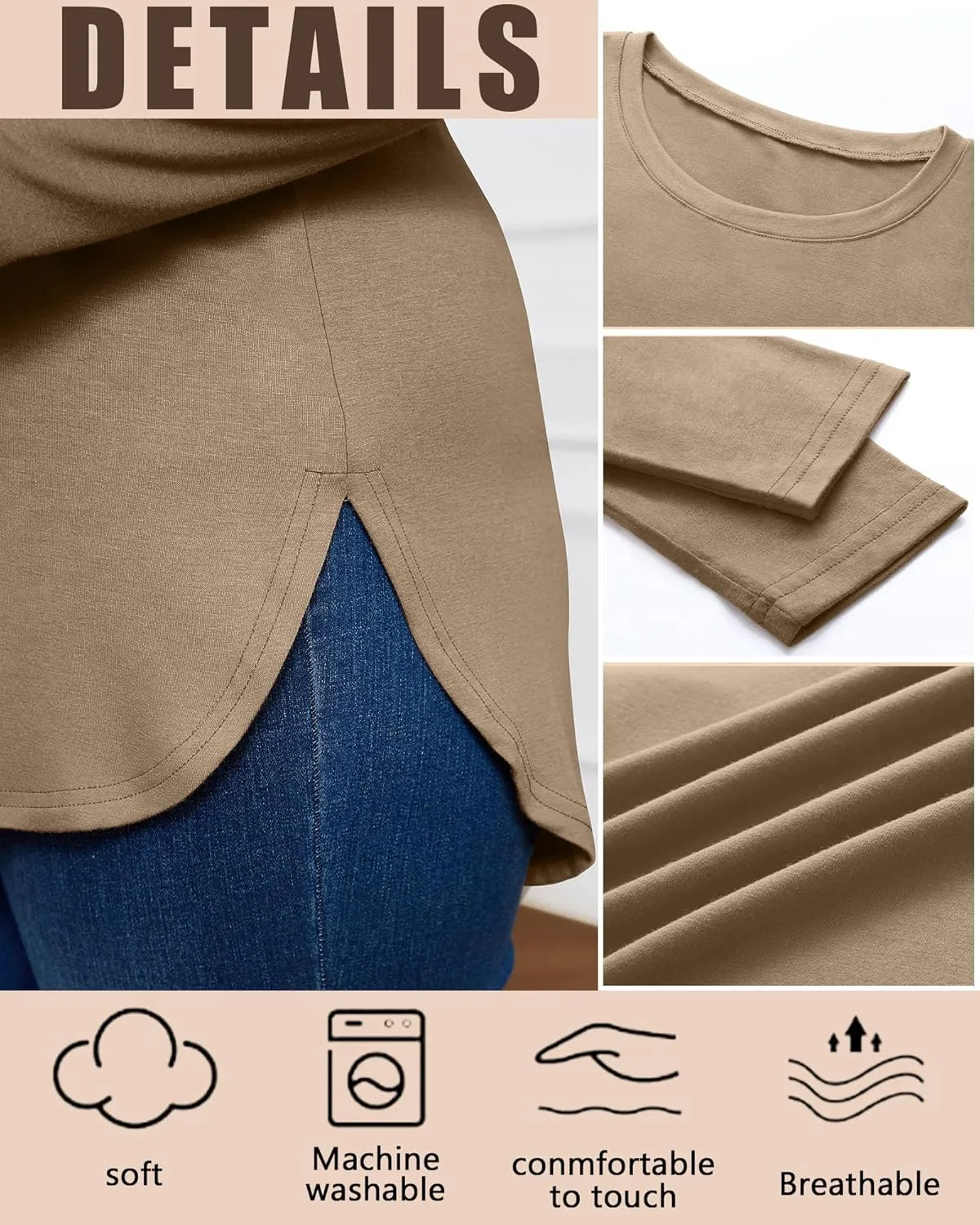 Ficerd 3 Pack Women's Plus Size Long Sleeve Tunic Tops Crewneck Loose Shirts Casual Curved Hem Side Split Basic Tee