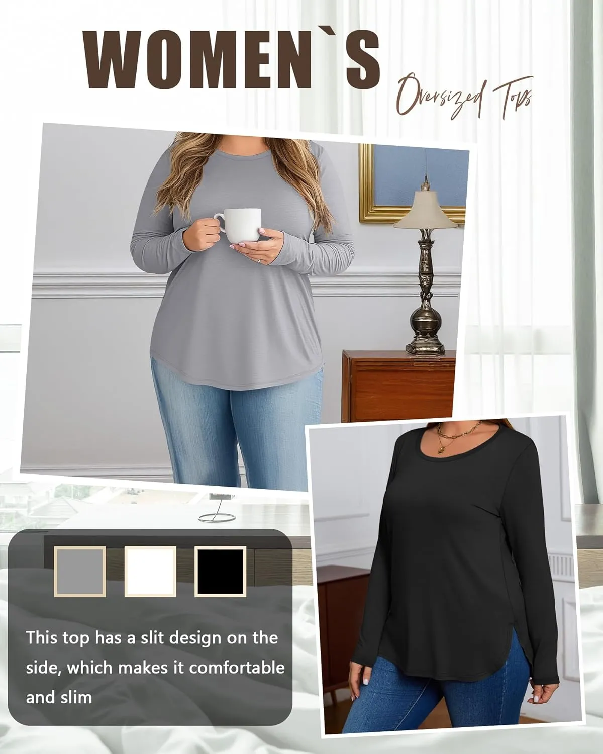 Ficerd 3 Pack Women's Plus Size Long Sleeve Tunic Tops Crewneck Loose Shirts Casual Curved Hem Side Split Basic Tee