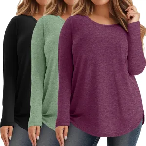 Ficerd 3 Pack Women's Plus Size Long Sleeve Tunic Tops Crewneck Loose Shirts Casual Curved Hem Side Split Basic Tee