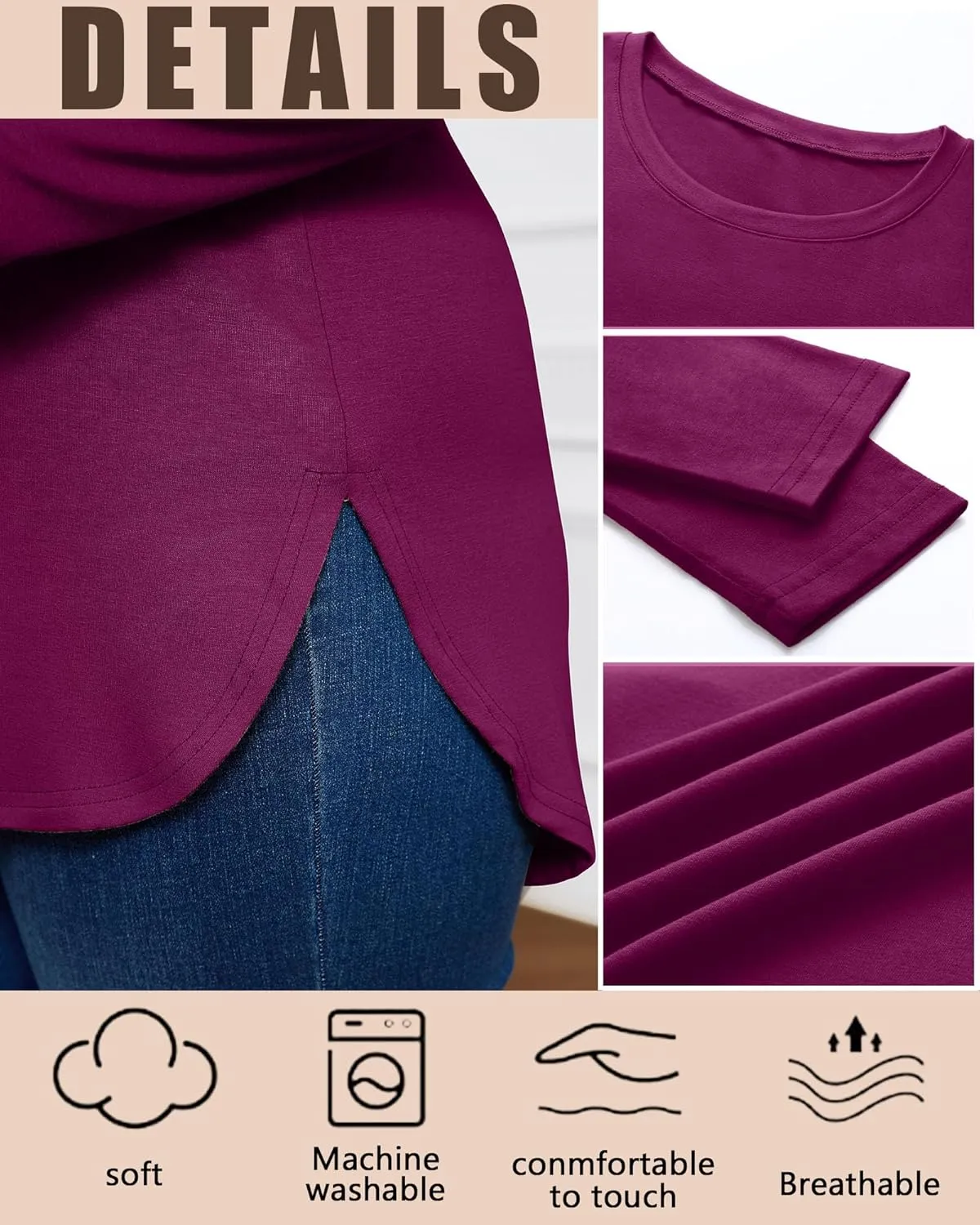 Ficerd 3 Pack Women's Plus Size Long Sleeve Tunic Tops Crewneck Loose Shirts Casual Curved Hem Side Split Basic Tee