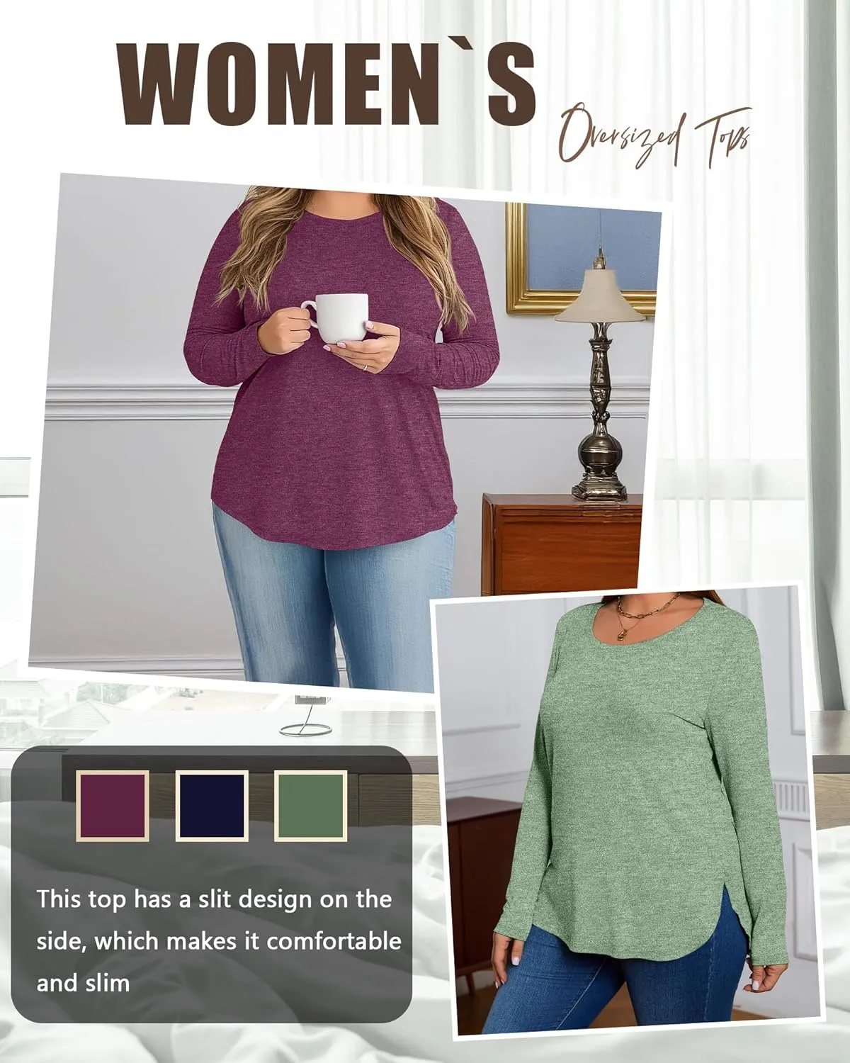 Ficerd 3 Pack Women's Plus Size Long Sleeve Tunic Tops Crewneck Loose Shirts Casual Curved Hem Side Split Basic Tee