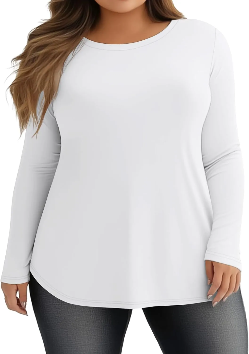 Ficerd 3 Pack Women's Plus Size Long Sleeve Tunic Tops Crewneck Loose Shirts Casual Curved Hem Side Split Basic Tee