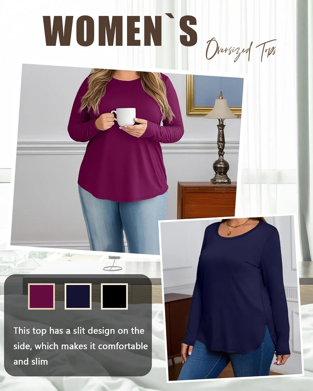 Ficerd 3 Pack Women's Plus Size Long Sleeve Tunic Tops Crewneck Loose Shirts Casual Curved Hem Side Split Basic Tee