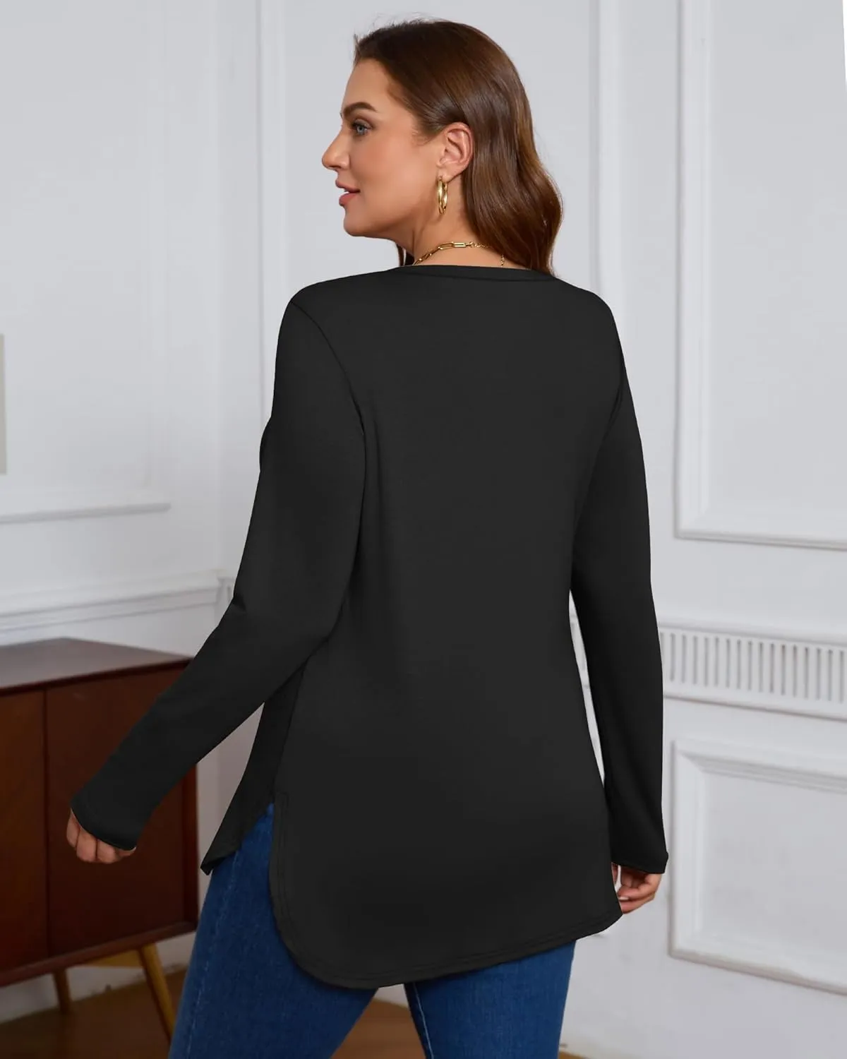 Ficerd 3 Pack Women's Plus Size Long Sleeve Tunic Tops Crewneck Loose Shirts Casual Curved Hem Side Split Basic Tee