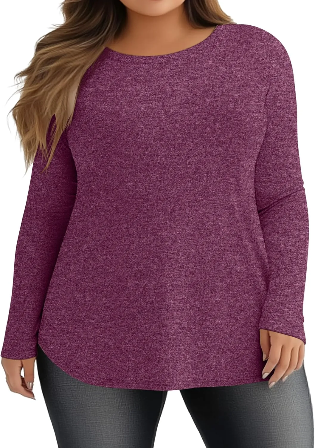 Ficerd 3 Pack Women's Plus Size Long Sleeve Tunic Tops Crewneck Loose Shirts Casual Curved Hem Side Split Basic Tee