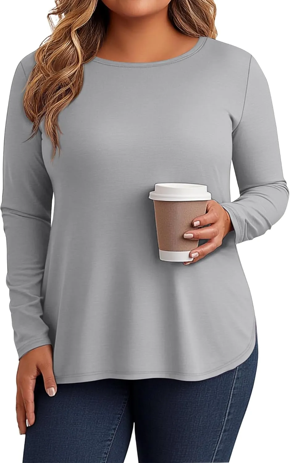 Ficerd 3 Pack Women's Plus Size Long Sleeve Tunic Tops Crewneck Loose Shirts Casual Curved Hem Side Split Basic Tee