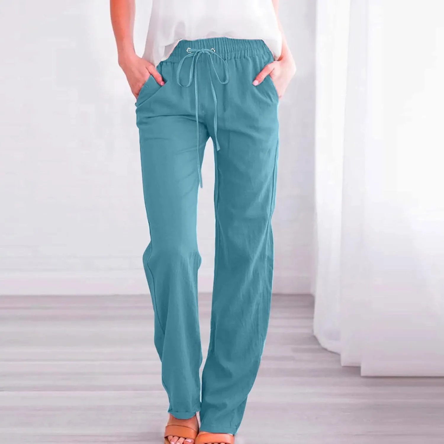 Flowy Pants for Women Elastic Waist Wide Leg Trousers Lightweight Linen Blend Casual Summer Beachwear Relaxed Fit