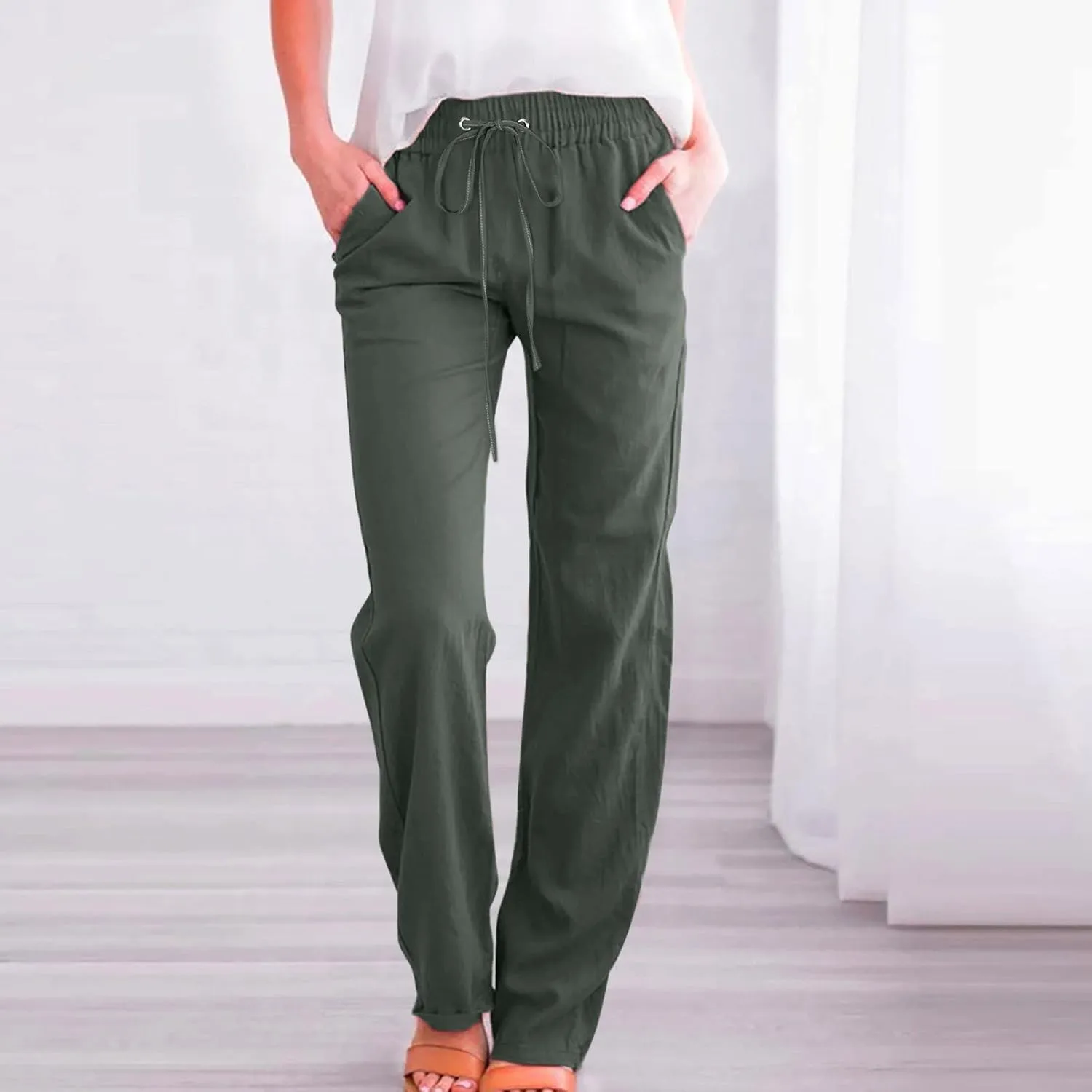 Flowy Pants for Women Elastic Waist Wide Leg Trousers Lightweight Linen Blend Casual Summer Beachwear Relaxed Fit