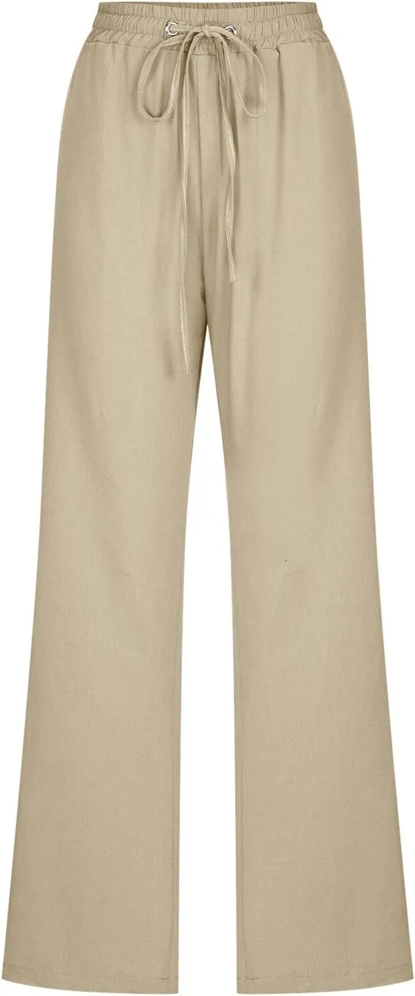 Flowy Pants for Women Elastic Waist Wide Leg Trousers Lightweight Linen Blend Casual Summer Beachwear Relaxed Fit