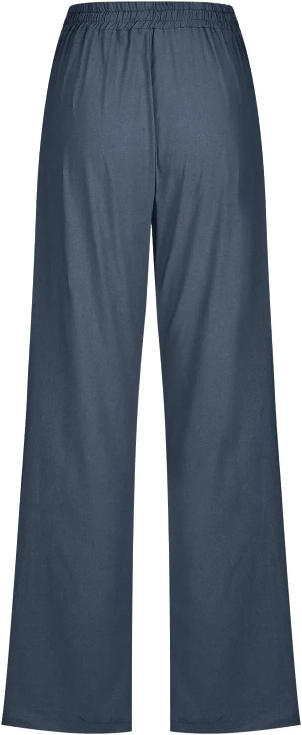 Flowy Pants for Women Elastic Waist Wide Leg Trousers Lightweight Linen Blend Casual Summer Beachwear Relaxed Fit