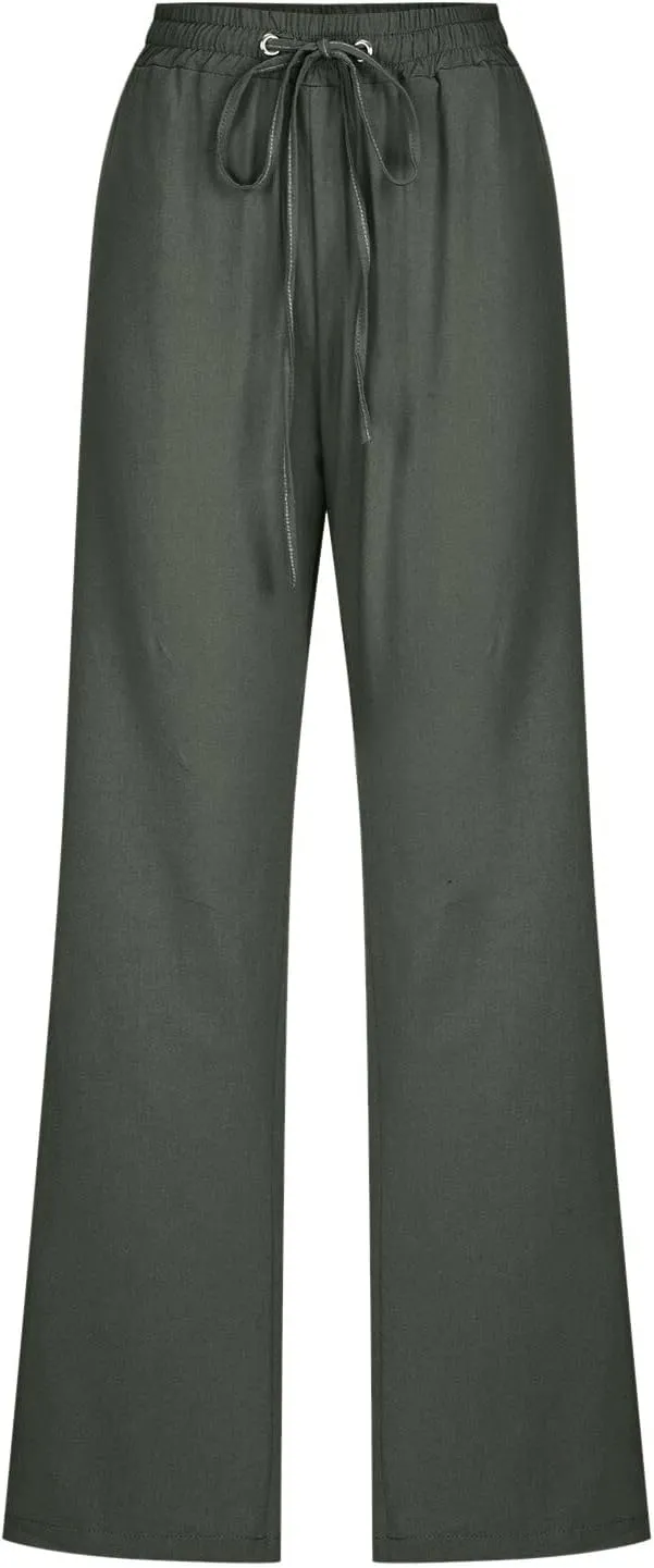 Flowy Pants for Women Elastic Waist Wide Leg Trousers Lightweight Linen Blend Casual Summer Beachwear Relaxed Fit