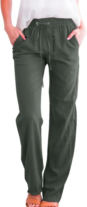 Flowy Pants for Women Elastic Waist Wide Leg Trousers Lightweight Linen Blend Casual Summer Beachwear Relaxed Fit
