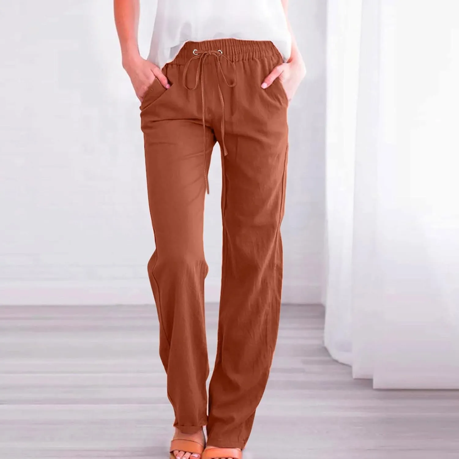 Flowy Pants for Women Elastic Waist Wide Leg Trousers Lightweight Linen Blend Casual Summer Beachwear Relaxed Fit