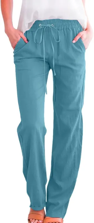 Flowy Pants for Women Elastic Waist Wide Leg Trousers Lightweight Linen Blend Casual Summer Beachwear Relaxed Fit