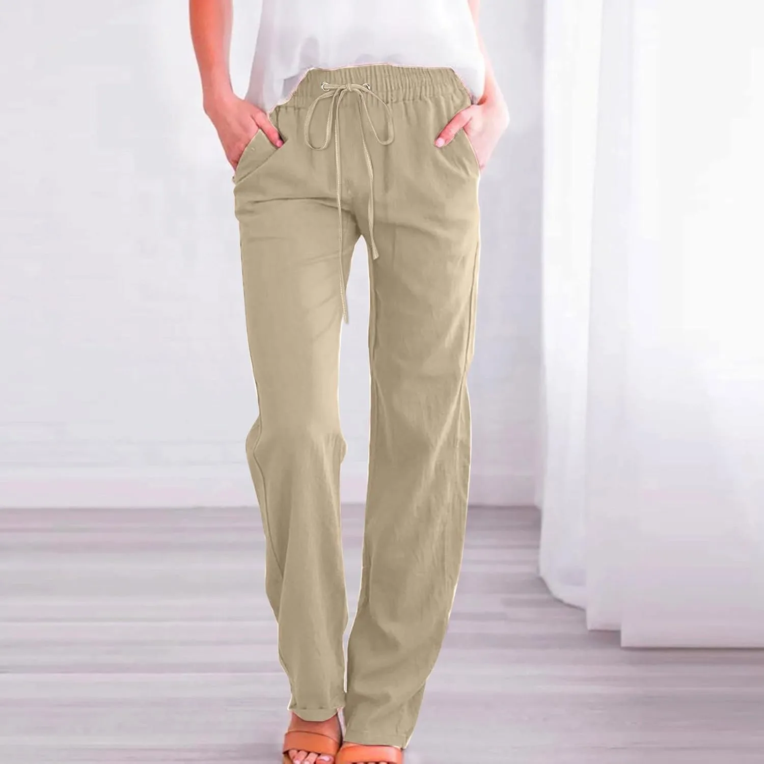 Flowy Pants for Women Elastic Waist Wide Leg Trousers Lightweight Linen Blend Casual Summer Beachwear Relaxed Fit