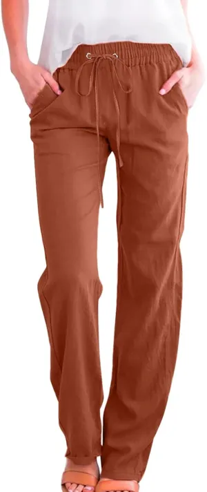 Flowy Pants for Women Elastic Waist Wide Leg Trousers Lightweight Linen Blend Casual Summer Beachwear Relaxed Fit