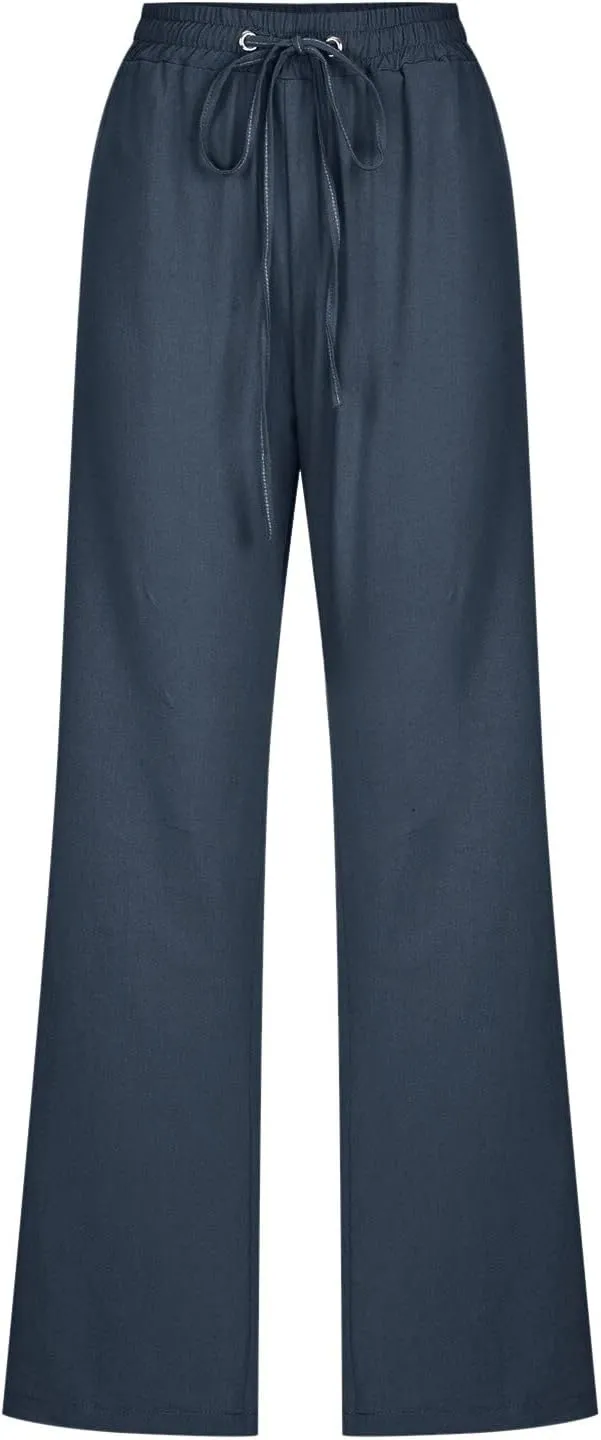 Flowy Pants for Women Elastic Waist Wide Leg Trousers Lightweight Linen Blend Casual Summer Beachwear Relaxed Fit
