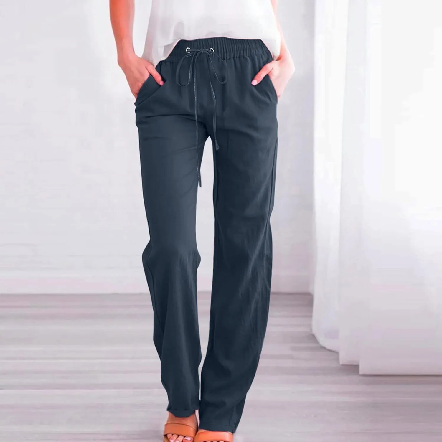 Flowy Pants for Women Elastic Waist Wide Leg Trousers Lightweight Linen Blend Casual Summer Beachwear Relaxed Fit