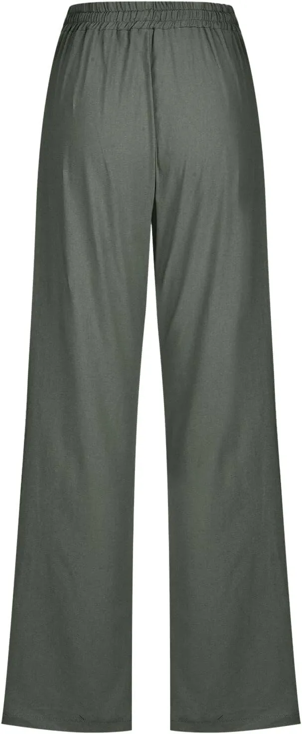 Flowy Pants for Women Elastic Waist Wide Leg Trousers Lightweight Linen Blend Casual Summer Beachwear Relaxed Fit