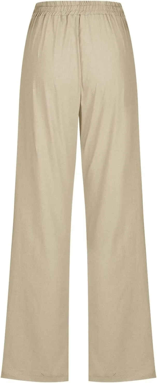 Flowy Pants for Women Elastic Waist Wide Leg Trousers Lightweight Linen Blend Casual Summer Beachwear Relaxed Fit