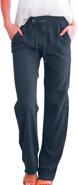 Flowy Pants for Women Elastic Waist Wide Leg Trousers Lightweight Linen Blend Casual Summer Beachwear Relaxed Fit
