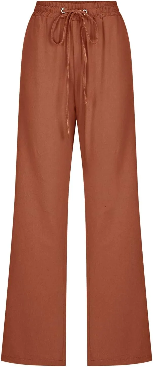 Flowy Pants for Women Elastic Waist Wide Leg Trousers Lightweight Linen Blend Casual Summer Beachwear Relaxed Fit