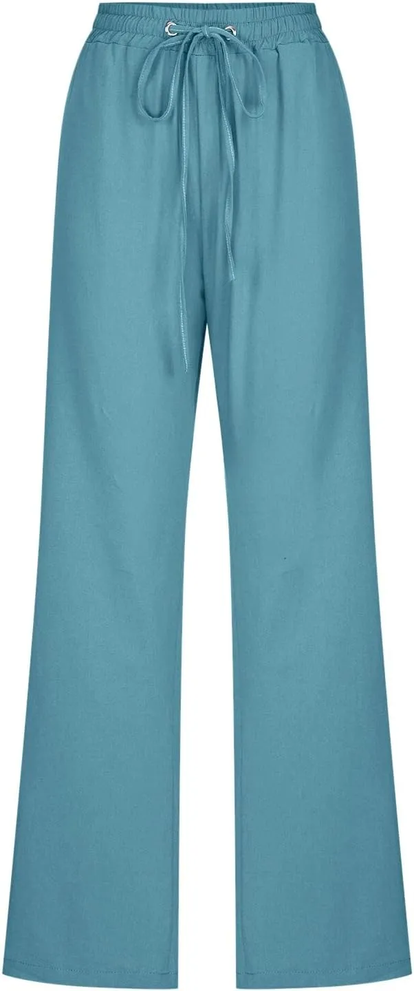 Flowy Pants for Women Elastic Waist Wide Leg Trousers Lightweight Linen Blend Casual Summer Beachwear Relaxed Fit