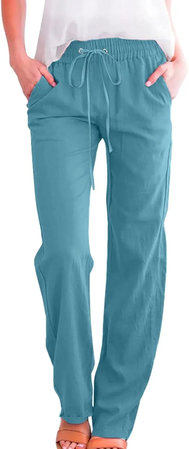 Flowy Pants for Women Elastic Waist Wide Leg Trousers Lightweight Linen Blend Casual Summer Beachwear Relaxed Fit