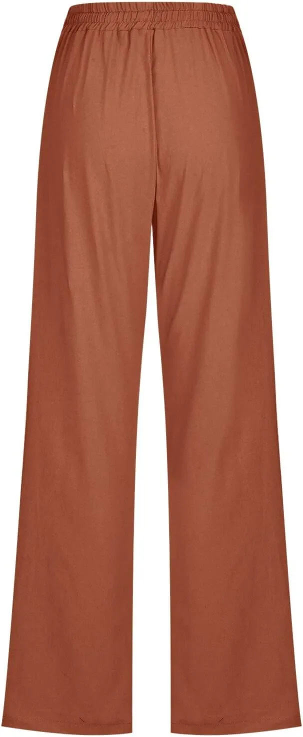 Flowy Pants for Women Elastic Waist Wide Leg Trousers Lightweight Linen Blend Casual Summer Beachwear Relaxed Fit