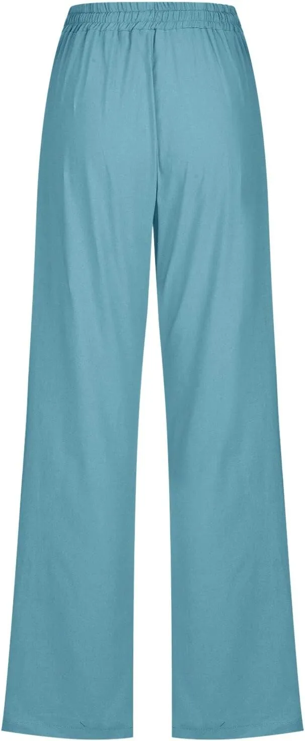 Flowy Pants for Women Elastic Waist Wide Leg Trousers Lightweight Linen Blend Casual Summer Beachwear Relaxed Fit