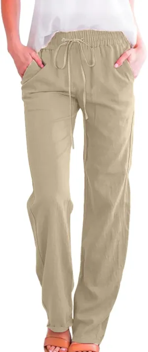 Flowy Pants for Women Elastic Waist Wide Leg Trousers Lightweight Linen Blend Casual Summer Beachwear Relaxed Fit