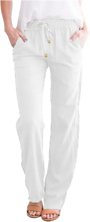 Flowy Pants for Women Wide Leg Elastic Waist Trousers Lightweight Linen Blend Casual Summer Beachwear Relaxed Fit