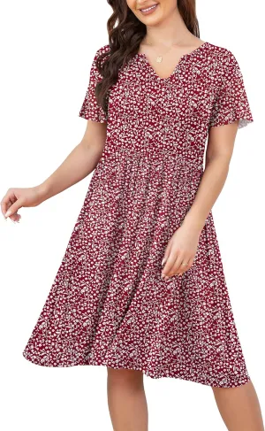 FOLUNSI Women's Plus Size Short Sleeve Pleated Casual Shirt Dress with Pockets