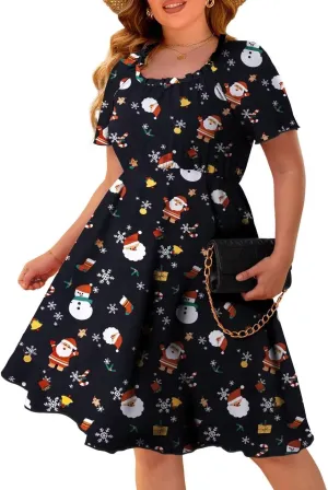 FOLUNSI Women's Plus Size Short Sleeve Pleated Casual Shirt Dress with Pockets