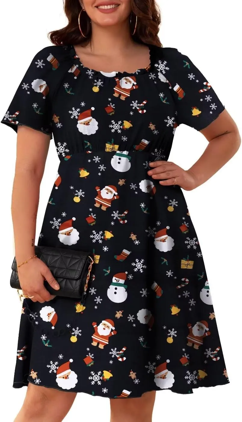 FOLUNSI Women's Plus Size Short Sleeve Pleated Casual Shirt Dress with Pockets