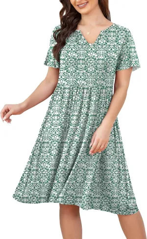 FOLUNSI Women's Plus Size Short Sleeve Pleated Casual Shirt Dress with Pockets