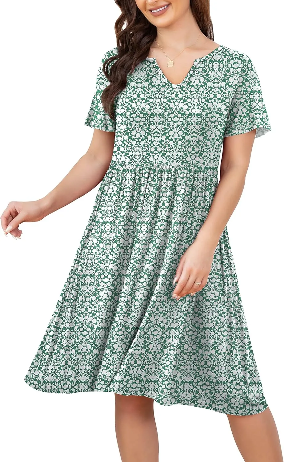 FOLUNSI Women's Plus Size Short Sleeve Pleated Casual Shirt Dress with Pockets